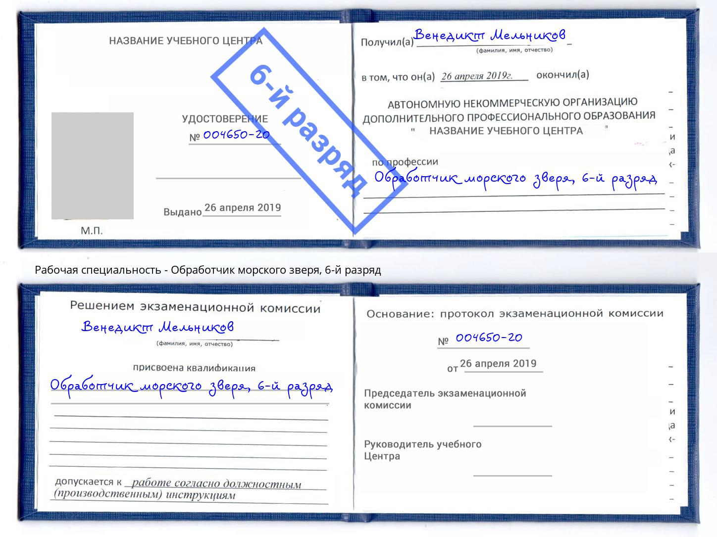 корочка 6-й разряд Обработчик морского зверя Кострома