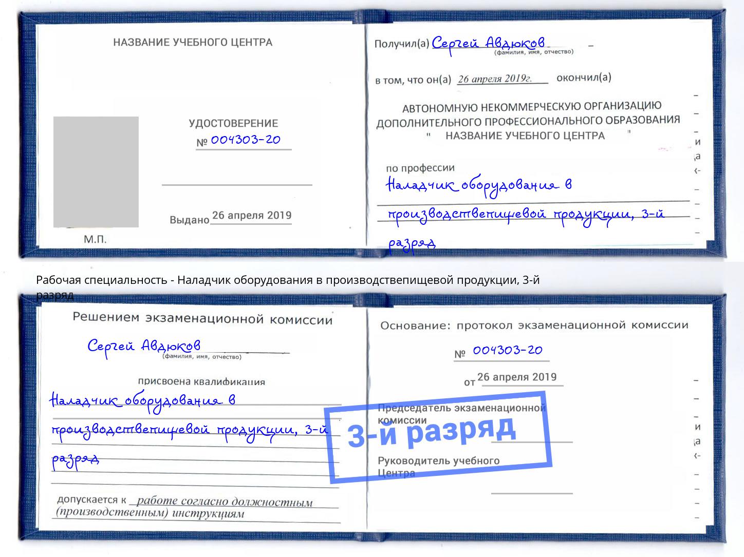 корочка 3-й разряд Наладчик оборудования в производствепищевой продукции Кострома