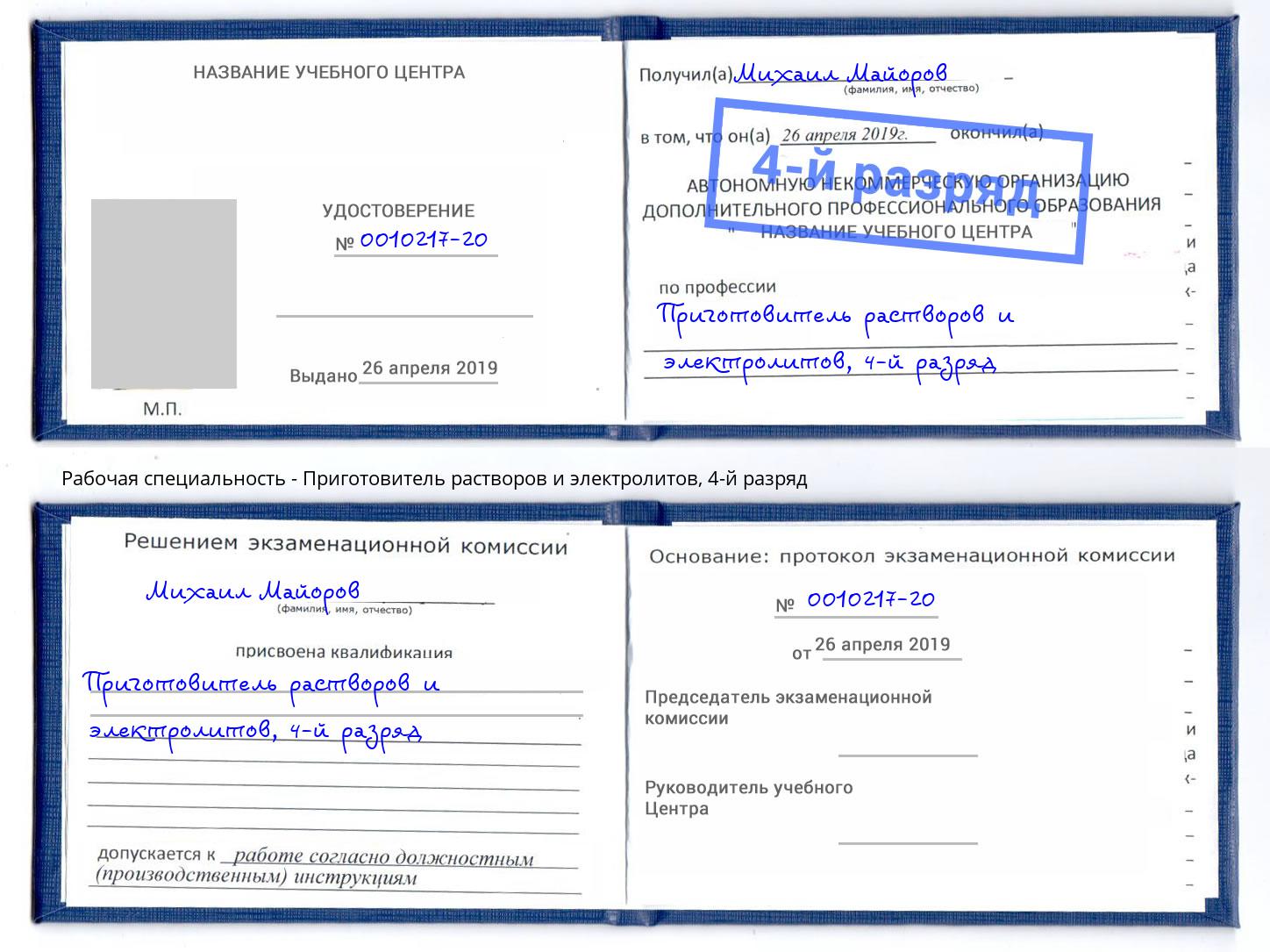 корочка 4-й разряд Приготовитель растворов и электролитов Кострома
