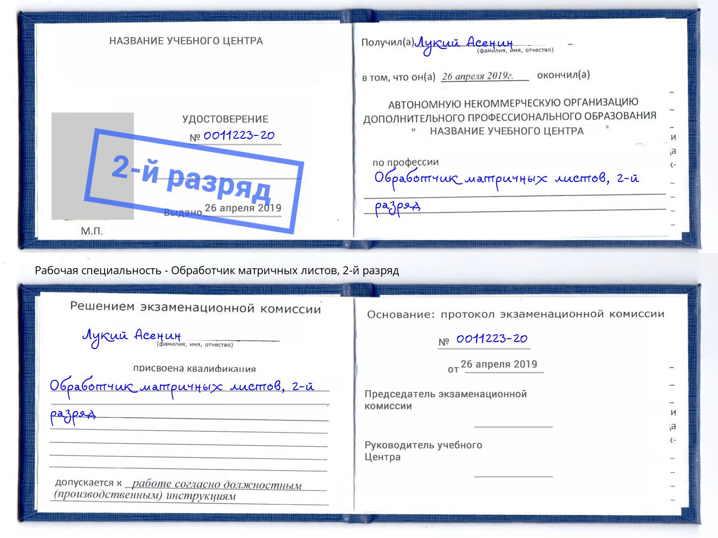 корочка 2-й разряд Обработчик матричных листов Кострома