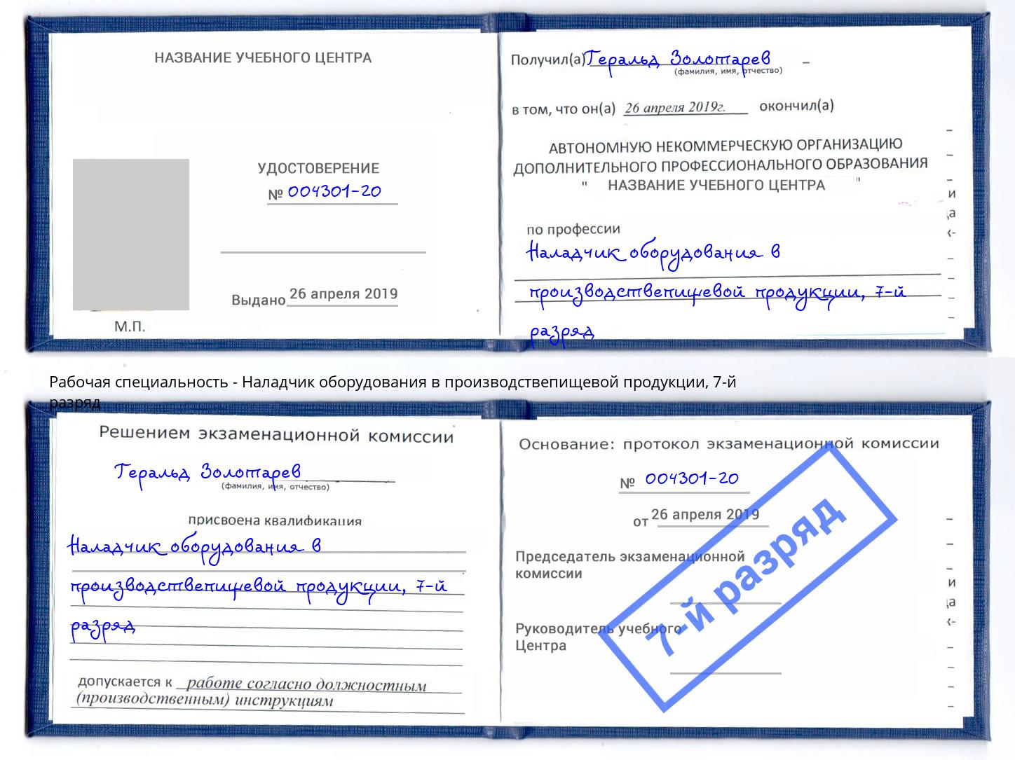 корочка 7-й разряд Наладчик оборудования в производствепищевой продукции Кострома